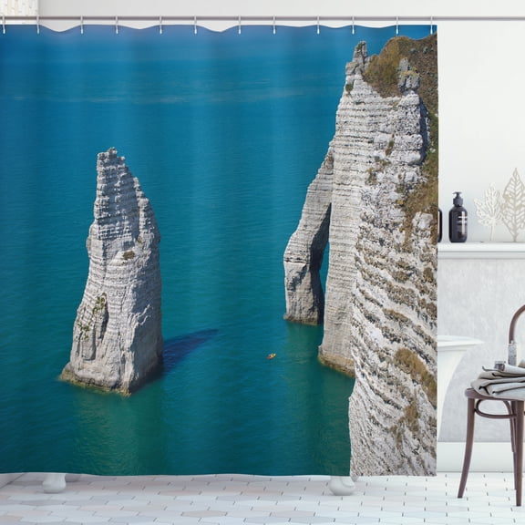 Nature Shower Curtain, High Landscape View French Landmark Mountainous Rocky Setting, Fabric Bathroom Set with Hooks, 69W X 84L Inches Extra Long, Green Brown Dust and Sea Blue, by Ambesonne