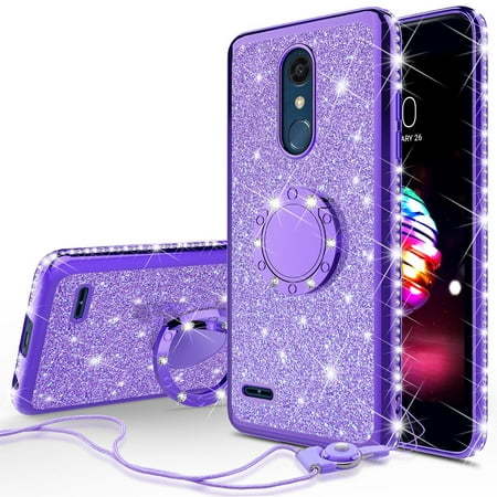LG K40 Case, LG K10 2019 Case Glitter Cute Phone Case Girls with Kickstand, Bling Diamond Rhinestone Bumper Ring Stand Sparkly Clear Soft Protective for Girl Women -
