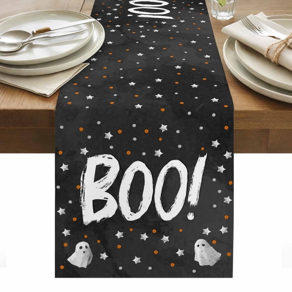 Black BOO Halloween Table Runner - 90 Inch Long, Kitchen Dining Table Runner Dresser Scarves, Cute Ghost Spooky Star Moon Dots Farmhouse Decor for Coffee Tables Wedding Party Banquet
