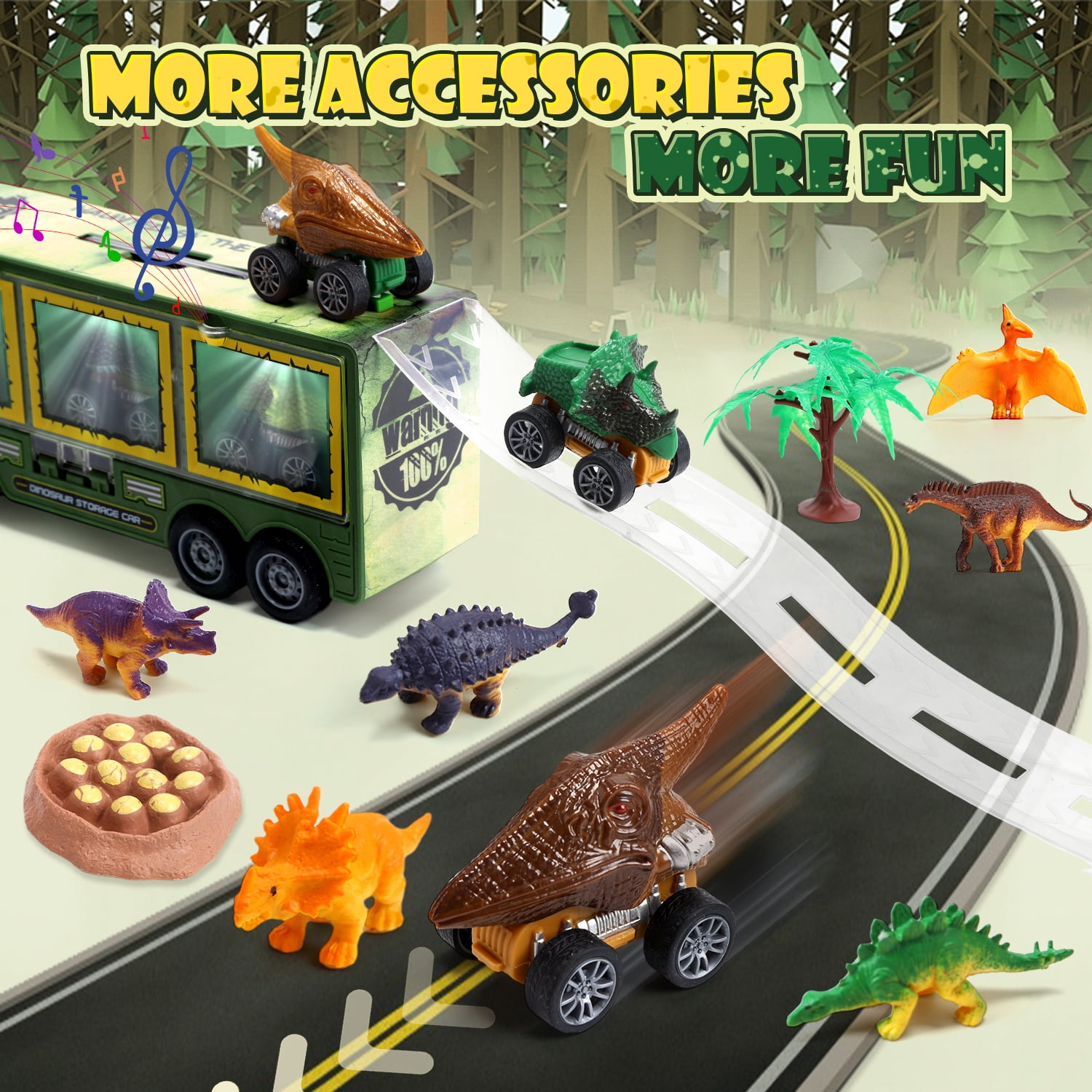 JoyStone 20 in 1 Dinosaur Truck Toys with Lights & Sounds,  Dinosaur Play Set for Kids 3-5 Years, Including 6 Pull Back Cars, 6 Dino Figures, Birthday Gift for Boys Girls, Green