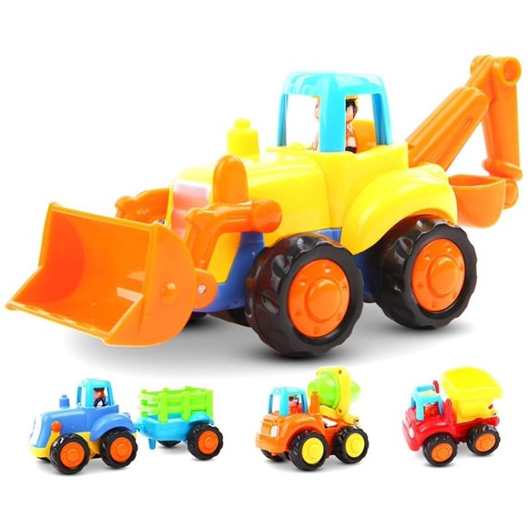 Friction Powered Cars Push and Go Toys for Boys and Girls, 4 Sets Construction Vehicles of Tractor, Bulldozer, Cement Mixer Truck, Dumper, Best Gifts for Your Kids and Toddlers