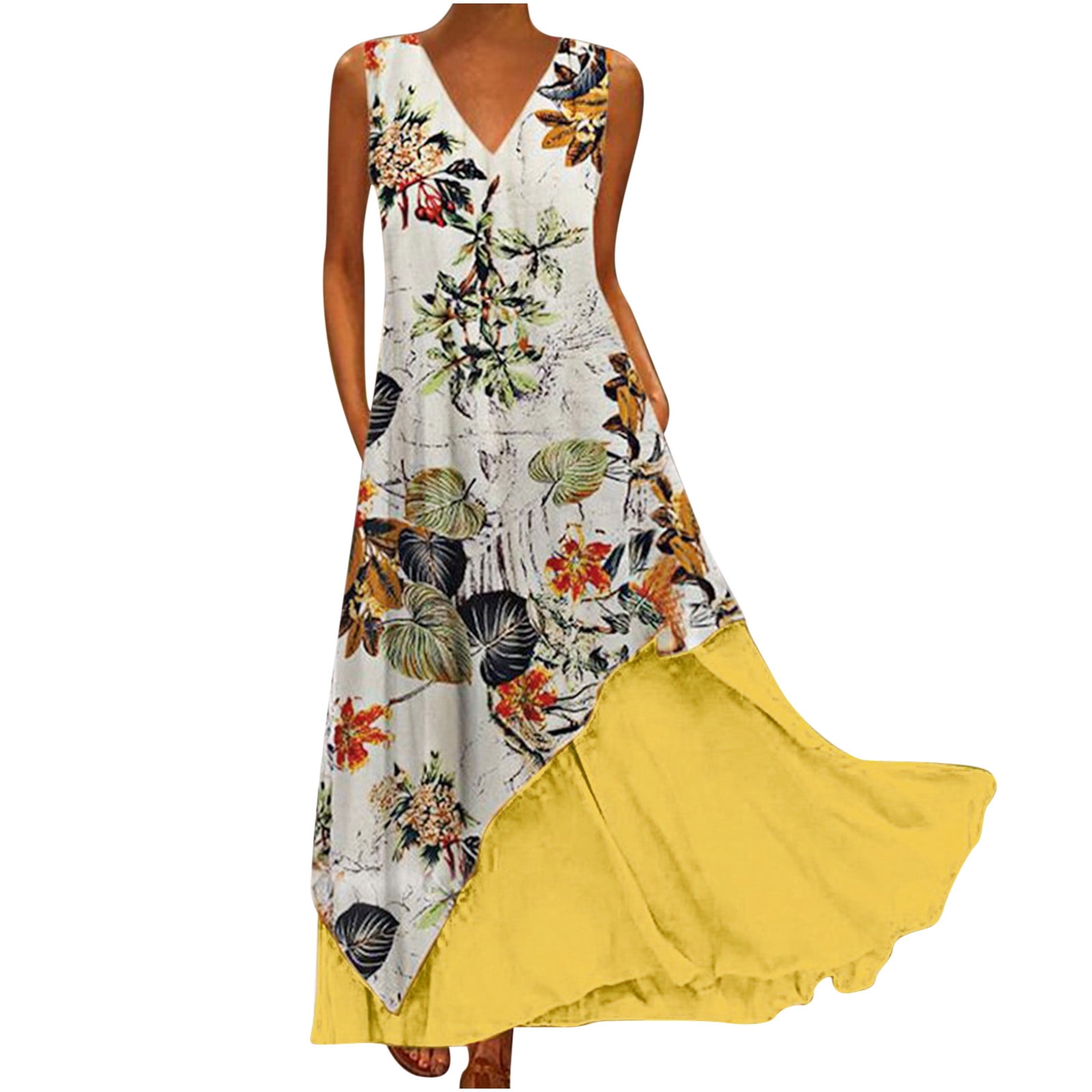 Sundresses for Women Summer 2023 Beach Patchwork Maxi Dress Casual V