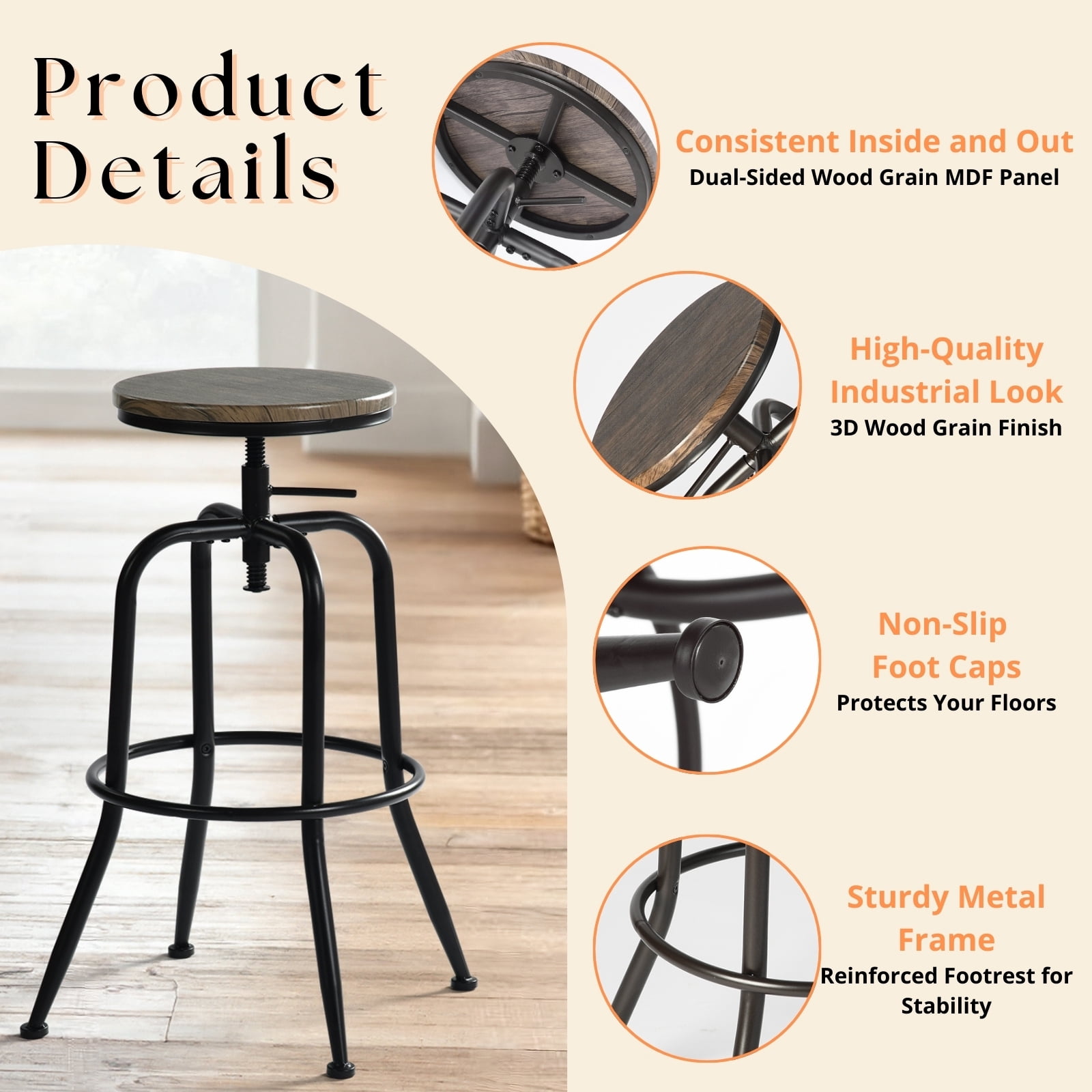 Homy Casa Swivel Bar Stools Adjustable Height Counter Stools with Wood Seat, Set of 2, Walnut