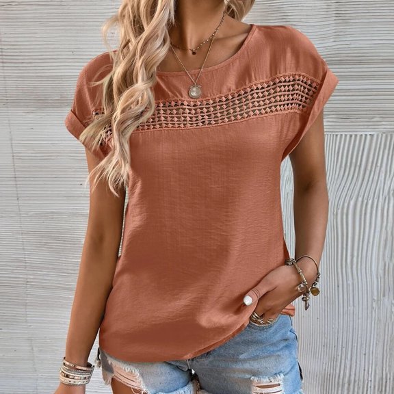 Women Plus Size T-Shirt Blouse Sawvnm Fashion Women's Summer Round-Neck Solid Short Sleeve Patchwork Top Blouse for Women Brown L