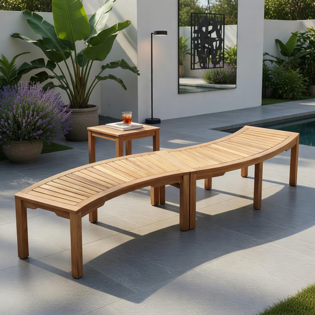 Hommoo Acacia Wood Outdoor Garden Bench, 2-Person Curved Backless Bench for Patio, Deck & Balcony, Natural Finish
