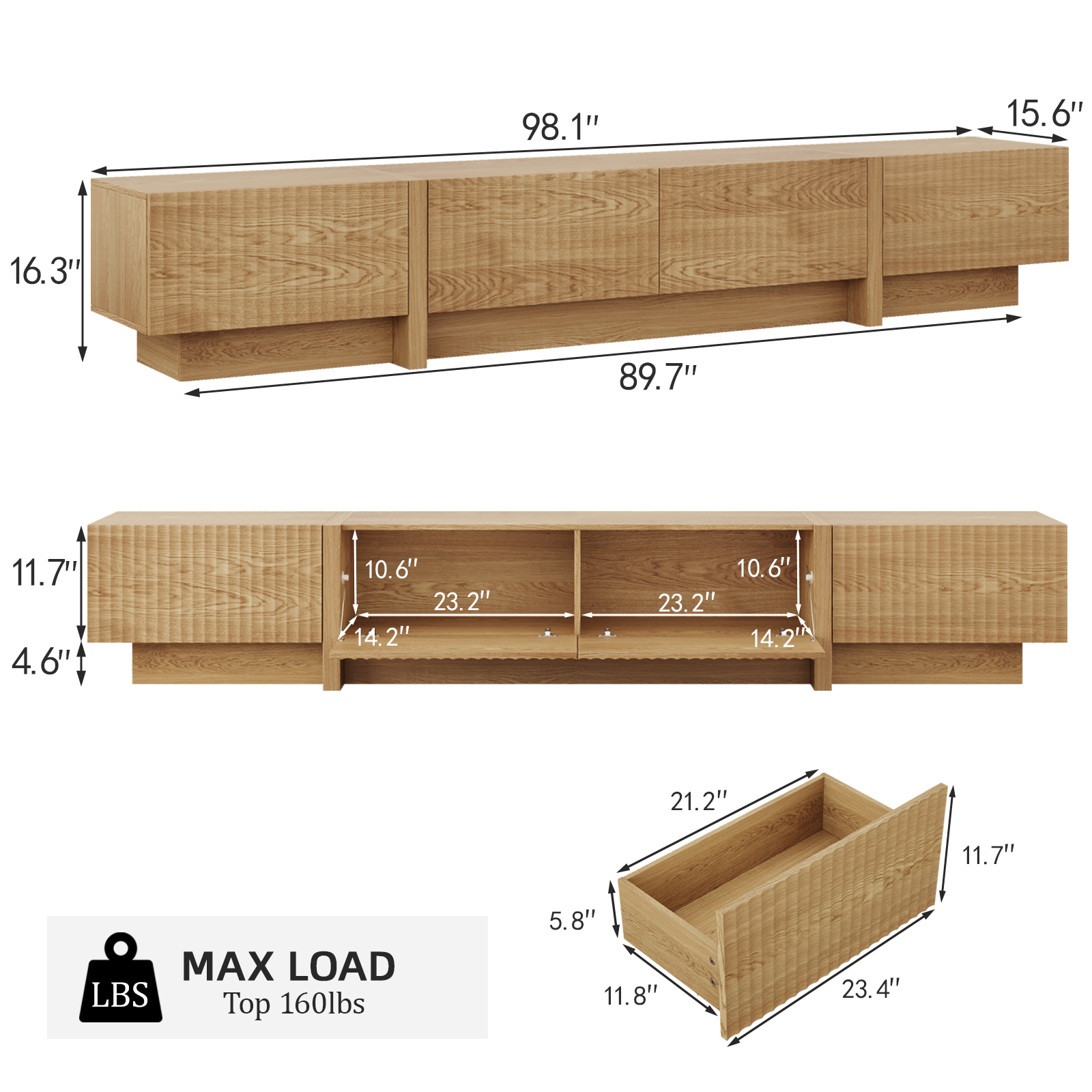 98" Natural Modern TV Stand, Large Entertainment Center with Drawers & Storage Compartments, Fits 55"-95" TVs for Living Room