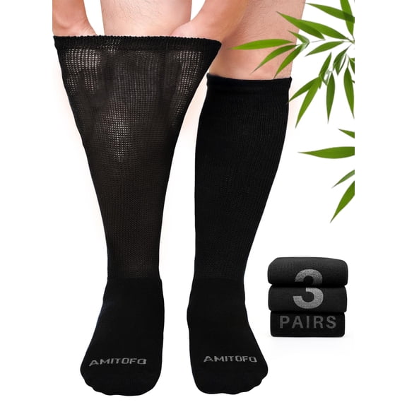 AMITOFO 3 Pairs Bamboo Viscose Diabetic Socks for Men & Women – Extra Wide Loose Top Knee High Socks for Swollen Feet, Edema Relief, Black or Multicolor，Wide Calves – M/L
