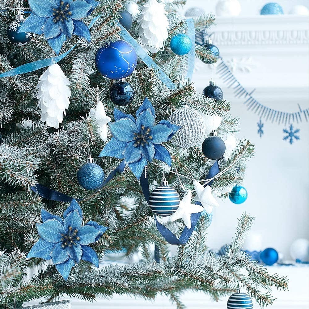12 Pack Silver Christmas Glitter Poinsettia Flowers Decorative Artificial Poinsettia Flowers - Blue
