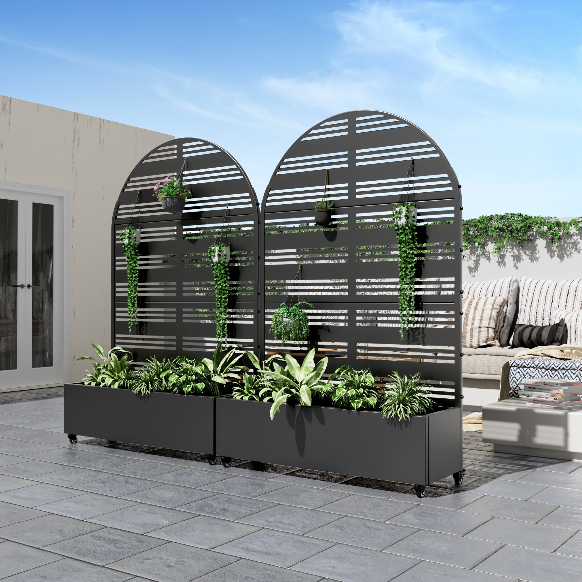 72"x47" Metal Black Arch Pots and Planter Raised Box with Trellis for Vine Climbing Plants