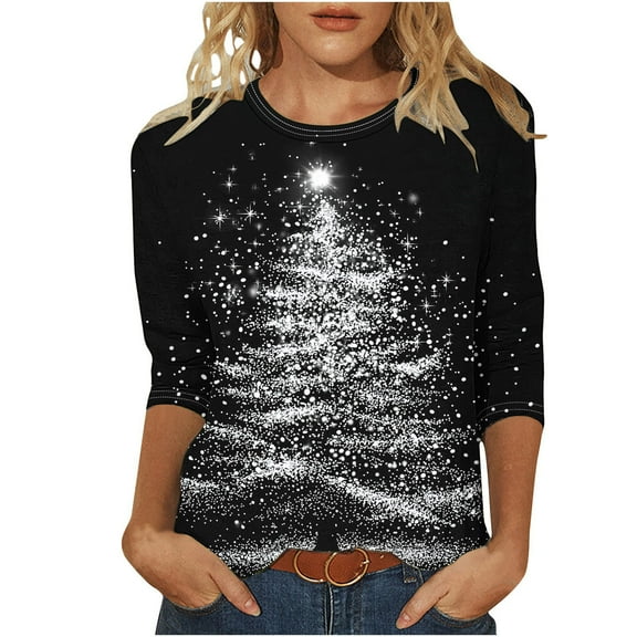 Christmas Shirts for Women 2025 Sparkly Christmas Tree Shirt Womens 3/4 Sleeve Tops and Blouses Casual Round Neck T-Shirt Dressy Fashion Tops