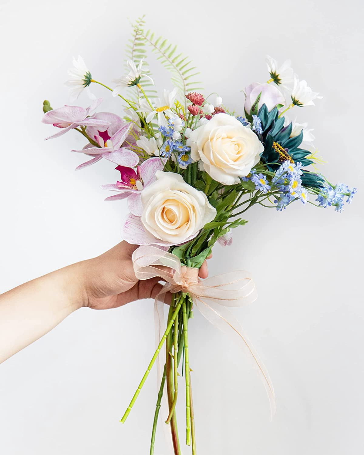 10pcs Fake Roses Artificial Silk Flowers Faux Rose Flower Long Stems Bouquet for Arrangement Wedding Centerpiece Party Home Kitchen Decor(Ivory-White Long Stem)