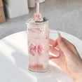 thumbnail image 7 of 1PC Bow Shaped Square Transparent Glass Cup with Lid Straw and Handle Heat Resistant Glass Tumbler Suitable for for Water Juice Iced Coffee Milk Tea, 7 of 7