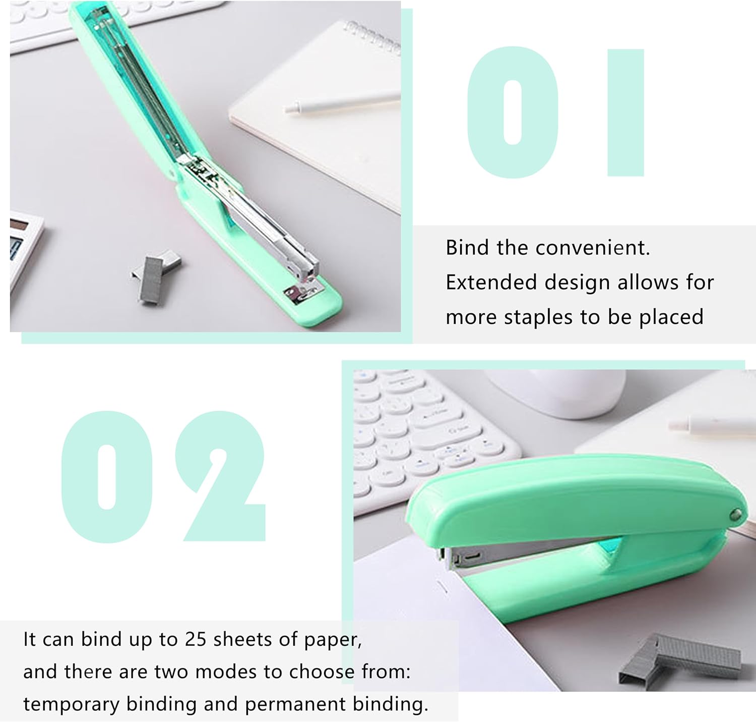 Green Desk Organizers and Accessories Office Supplies Set Stapler, Pen Holder, Phone Holder, Scissors, Pen, Ruler, 30 Paper Clips, 22 Binder Clip, 20 Tacks and 1000pcs Staples