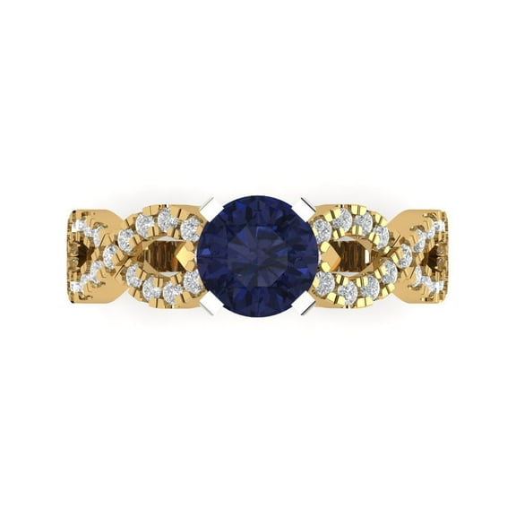 1.42 ct Round Cut Simulated Blue Sapphire Solitaire with Simulated Diamond Accents 14K Yellow/White Gold Womens Engagement Ring