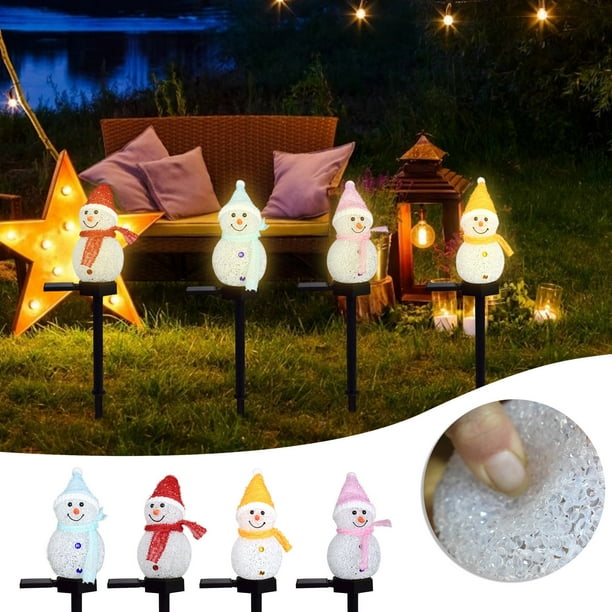 Luces de jardín LED para muñecos de nieve - Decoración navideña exterior alimentada por energía solar, blanca cálida, pack de 4, encendido/apagado automático, IP65 resistente a la intemperie