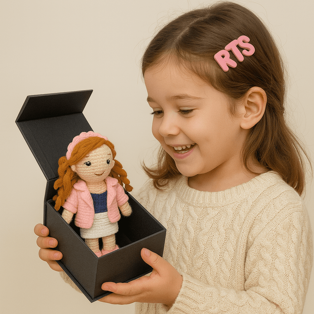 Handmade Crochet Girl Doll – Woolen Plush in Pink Jacket, White Skirt & Headband | Stylish Soft Toy for Kids & Gifting