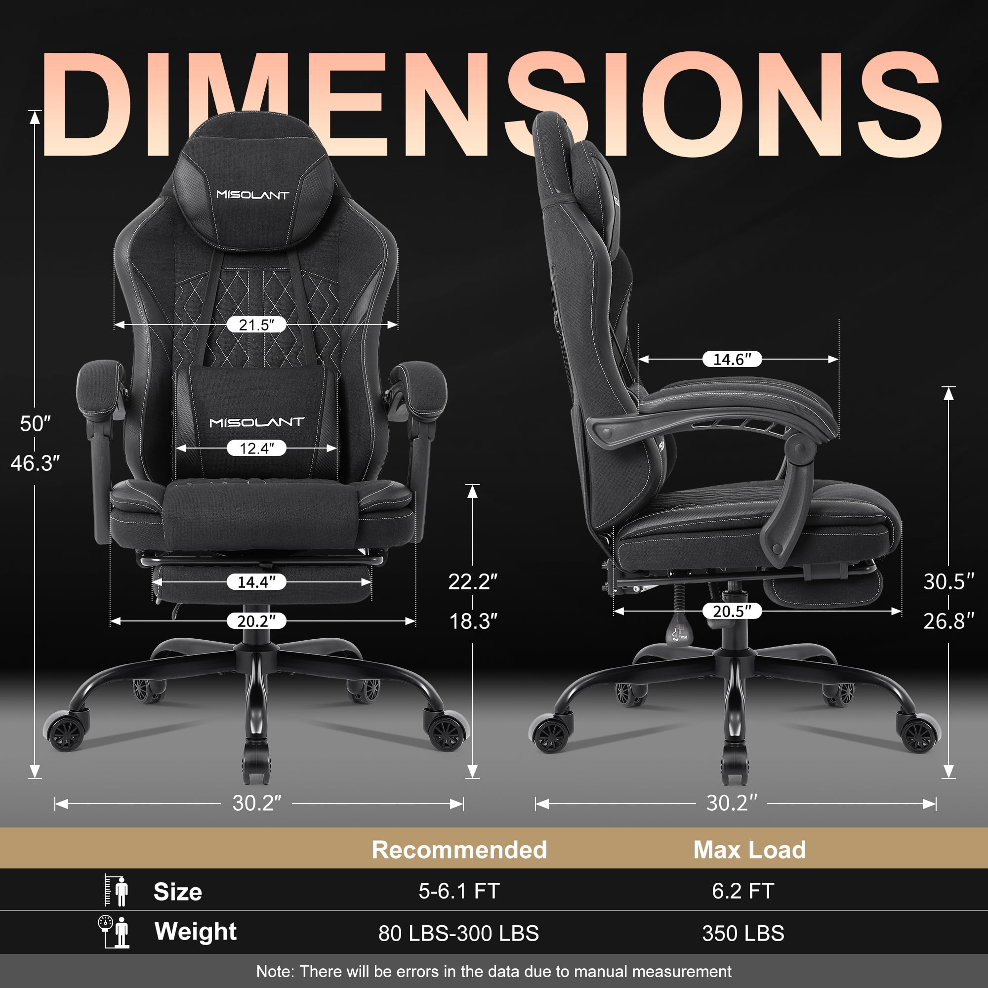 Misolant Gamer Chair with Footrest, Adjustable Headrest and Massage Lumbar Support, Black