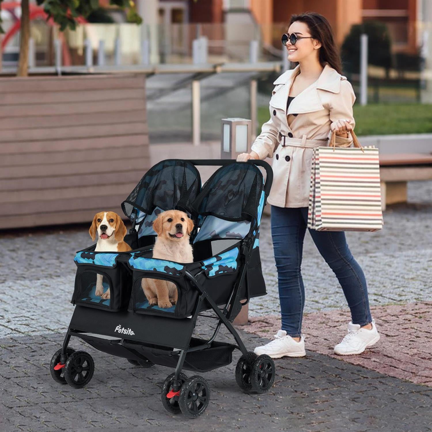 Pefilos Foldable Double Pet Stroller, Adjustable Sunshade & Storage Basket, Rustproof Aluminum Frame, Navy (Blue)