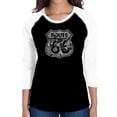thumbnail image 1 of LA Pop Art Women's Raglan Baseball Word Art T-shirt - Stops Along Route 66, 1 of 2