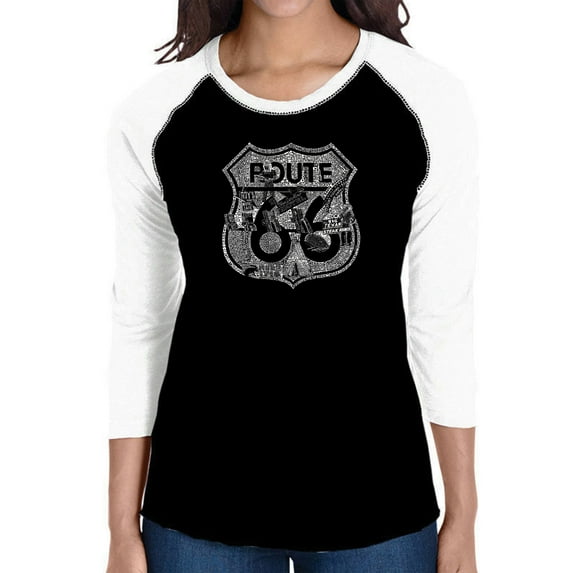 LA Pop Art Women's Raglan Baseball Word Art T-shirt - Stops Along Route 66