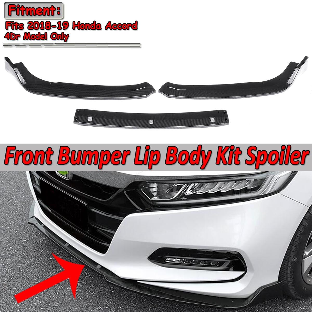 Carbon Fiber Front Bumper Lip Protector Cover Trim 3pcs for Honda Accord 2018-19