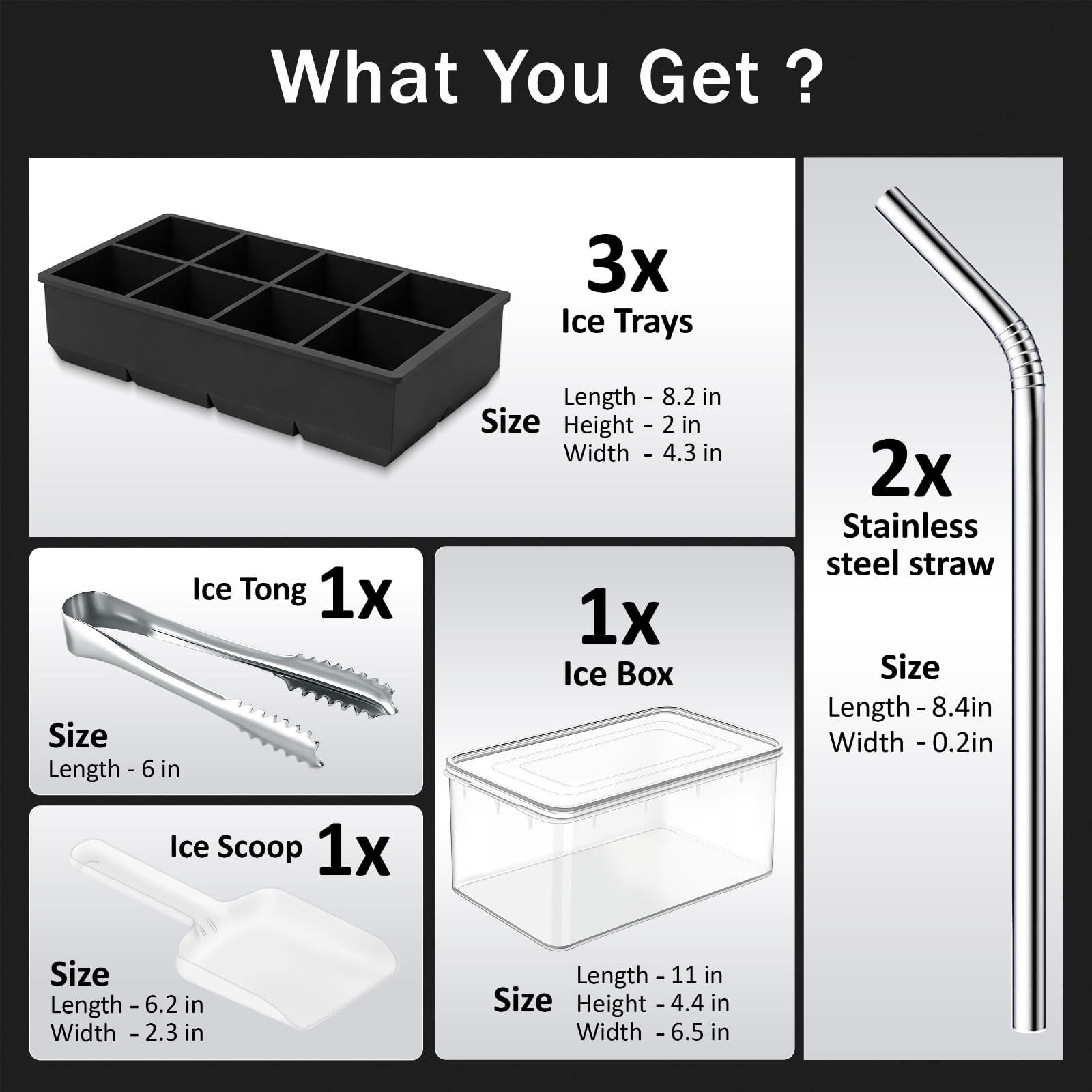 Large Silicone Ice Cube Tray - 3 Pack Trays For 8 Square Cubes With Bin  Scoop Tong & 2 Ss Straws Easy Release Mold Coffee (black)