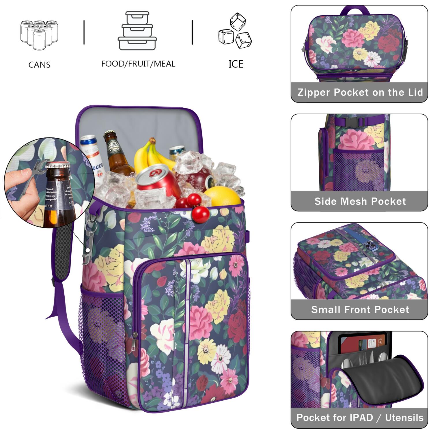 Travel Cooler Bag - Pioneer Flower Floral Print Pattern Camping Beer Cooler Backpack with Bottle Opener- Waterproof Insulated Picnic Backpacks - Cooler Bag for Beach