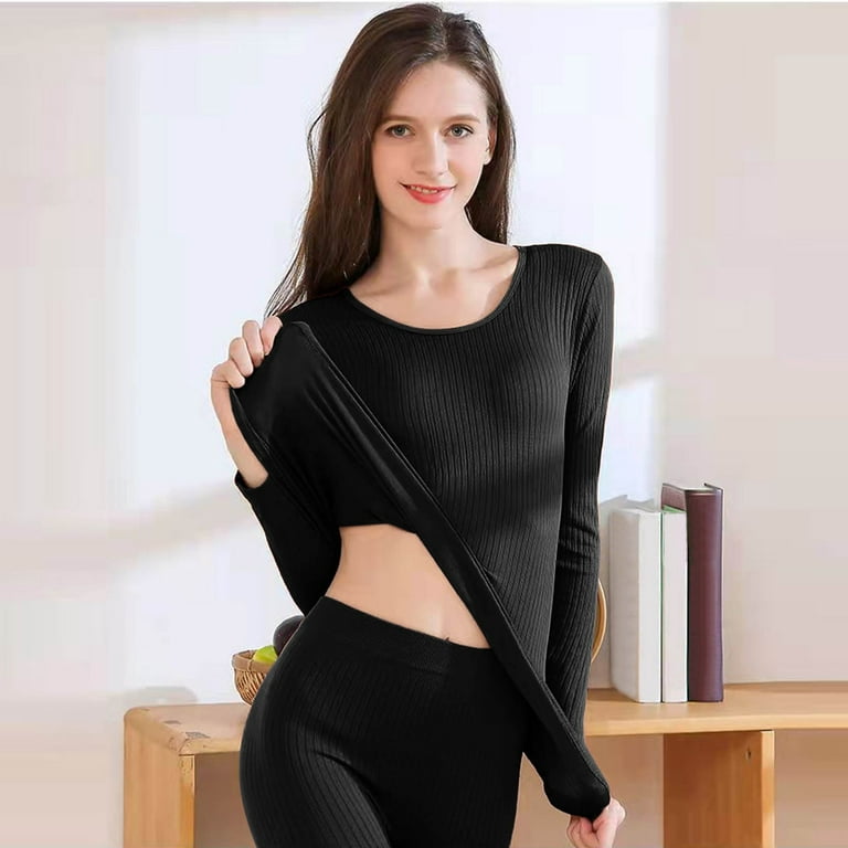 Women Elastic Thermal Inner Wear Thermal Underwear Warm Elastic Tops Pants  Black One Size