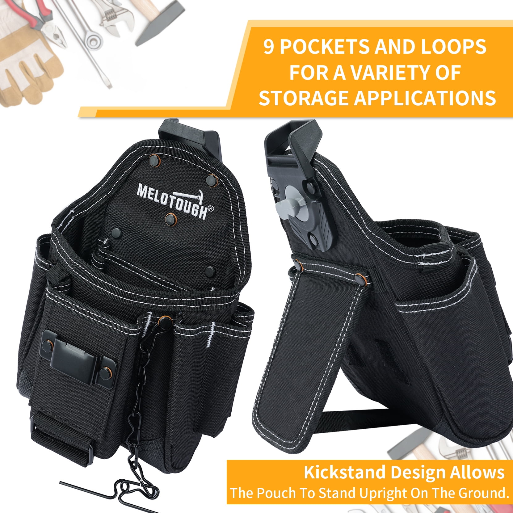 MELOTOUGH Small Electrician Tool Pouch With Belt Clip Attachment - 9 Pockets Tradesman Bag With Tape Thong - Holster for Electricians