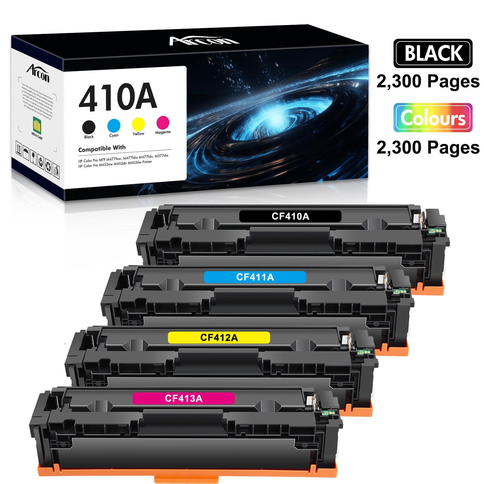 Arcon 410A Toner Cartridge Compatible for HP 410A 410X Toner Cartridges 4 Pack Color Laserjet MFP M477fdw M477fnw M377 M452dn M477fdn M452nw Pro M477 M452 Printer (BK/C/M/Y 4-Pack)