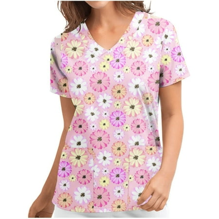 

purcolt Plus Size Tops for Women Women s Short Sleeve V-Neck Floral Print Scrubs Top Workwear Nurse Uniform Professionals Medical Scrubs with Pockets Casual Soft Stretch T-Shirts