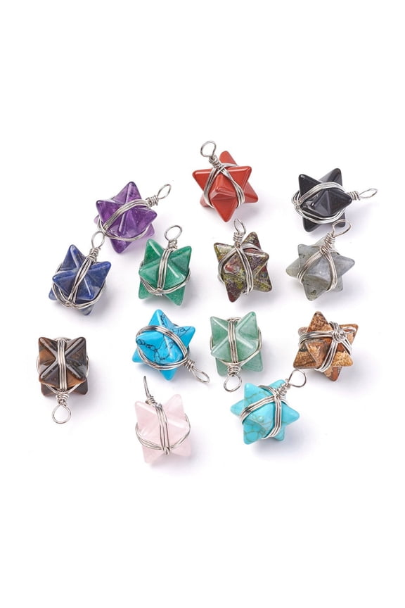 Natural Mixed Stone Pendants with Brass Findings Star Platinum 24~27x17x17mm Hole: 3.5~4mm