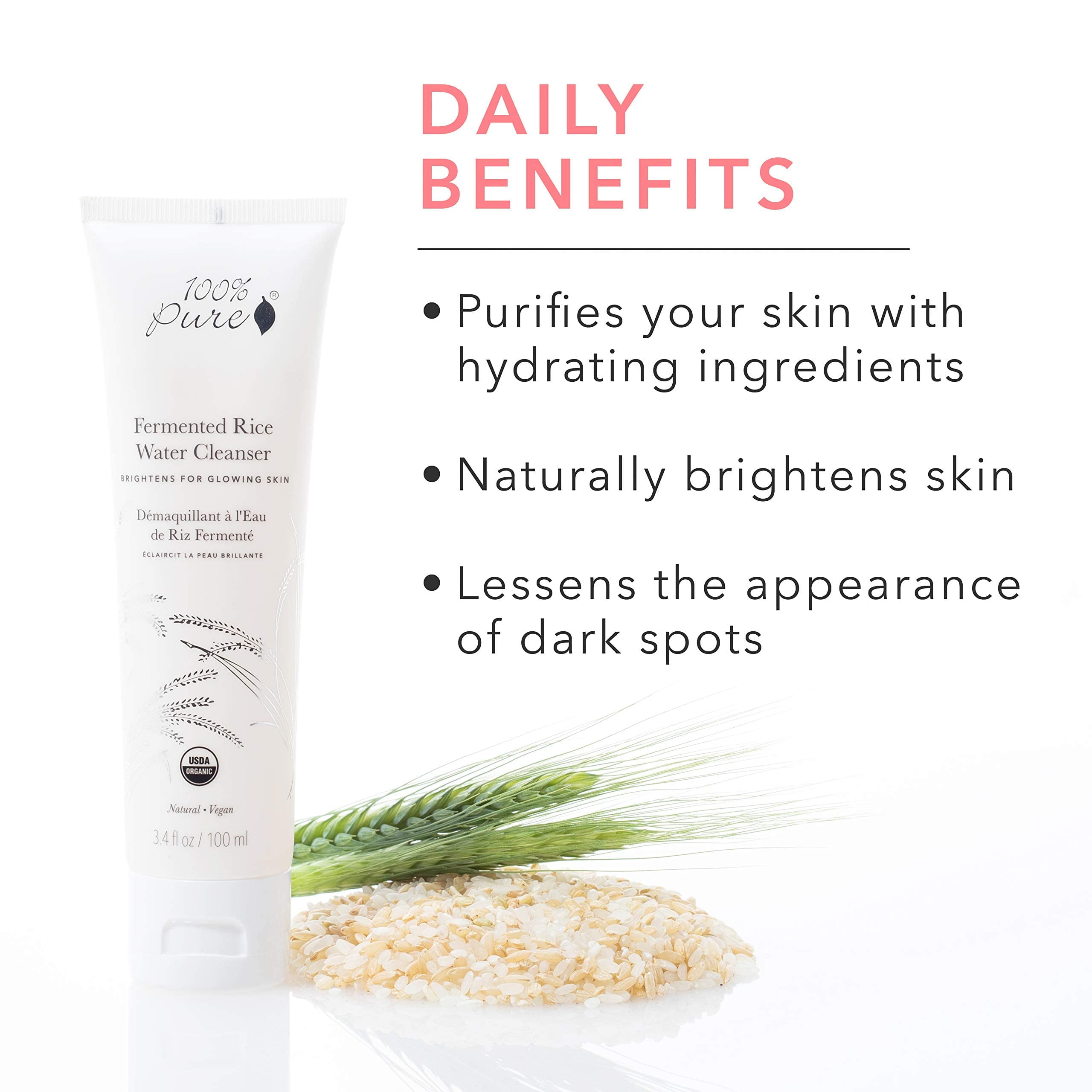 100% PURE Fermented Rice Water Cleanser, Face Wash, Skin Care For All Skin Types, Daily Makeup Remover, Natural Face Wash for Clear Skin - 3.4 Fl Oz