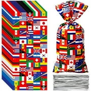 100 Pcs International Flag Candy Party Bags World Country Flags Treat Bags Patriotic Cellophane Bags Travel Goodie Bags for Soccer Sports Beer Festival Events Celebration School Party Decorations