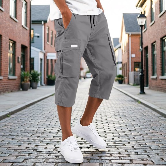 Mens Capri Pants with Pockets Drawstring Elastic Waist Casual Comfortable Outdoor Athletic Hiking 3/4 Length Cargo Shorts Gray 3XL