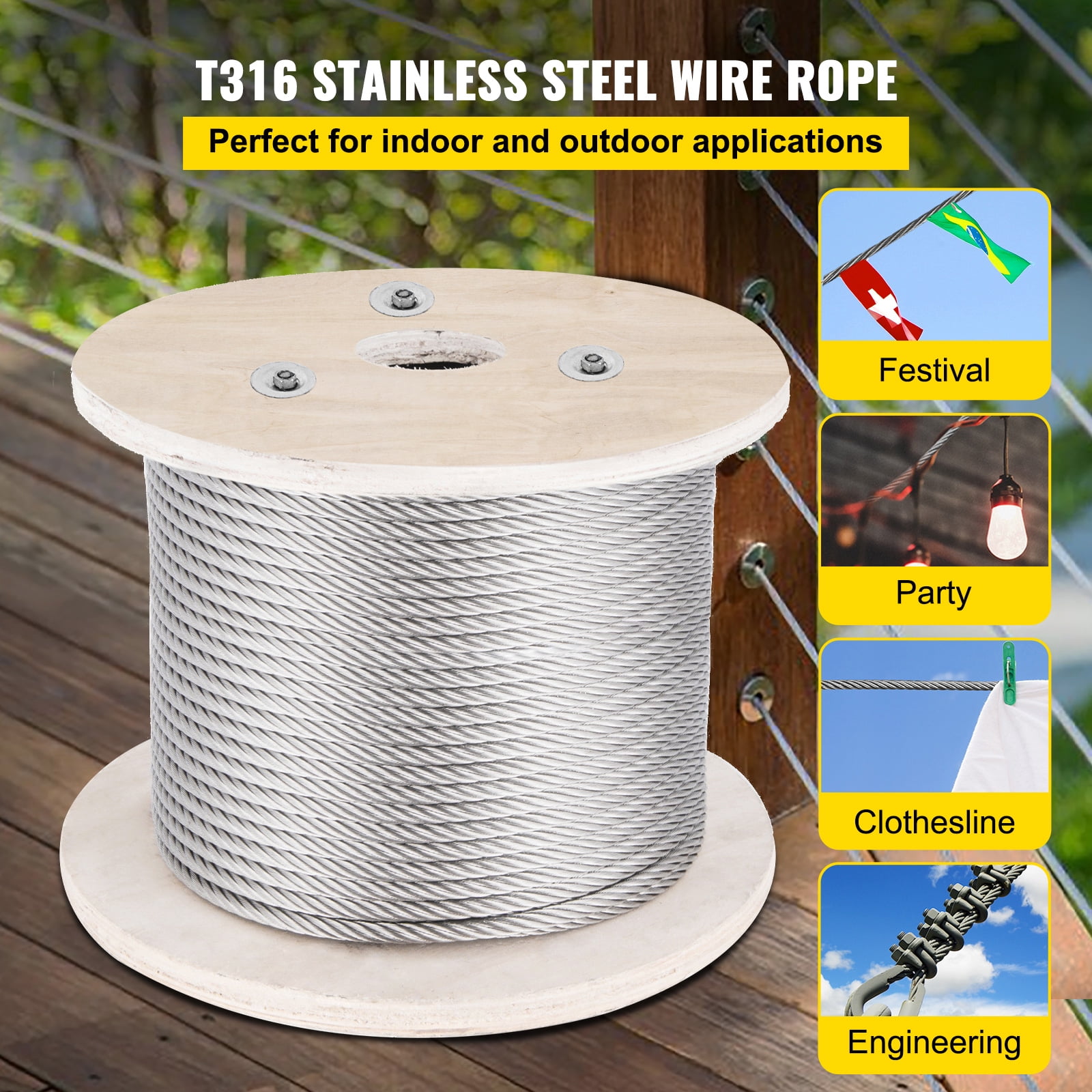 KFFKFF 316 Stainless Steel Wire Rope 500FT Stainless Steel Cable 5/32 Inch 1x19 Steel Cable for Railing Decking DIY Balustrade (500FT)