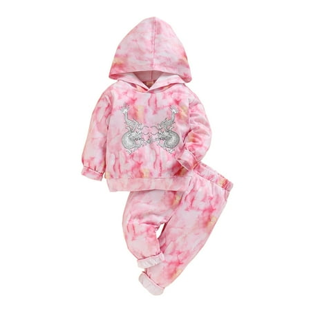 

KIMI BEAR Infant Girls Outfits 18 Months Infant Girls Autumn Outfits 24 Months Infant Girls Stylish Dragon Print Tie-dye Hooded Long Sleeve Top + Pants 2PCs Set Pink