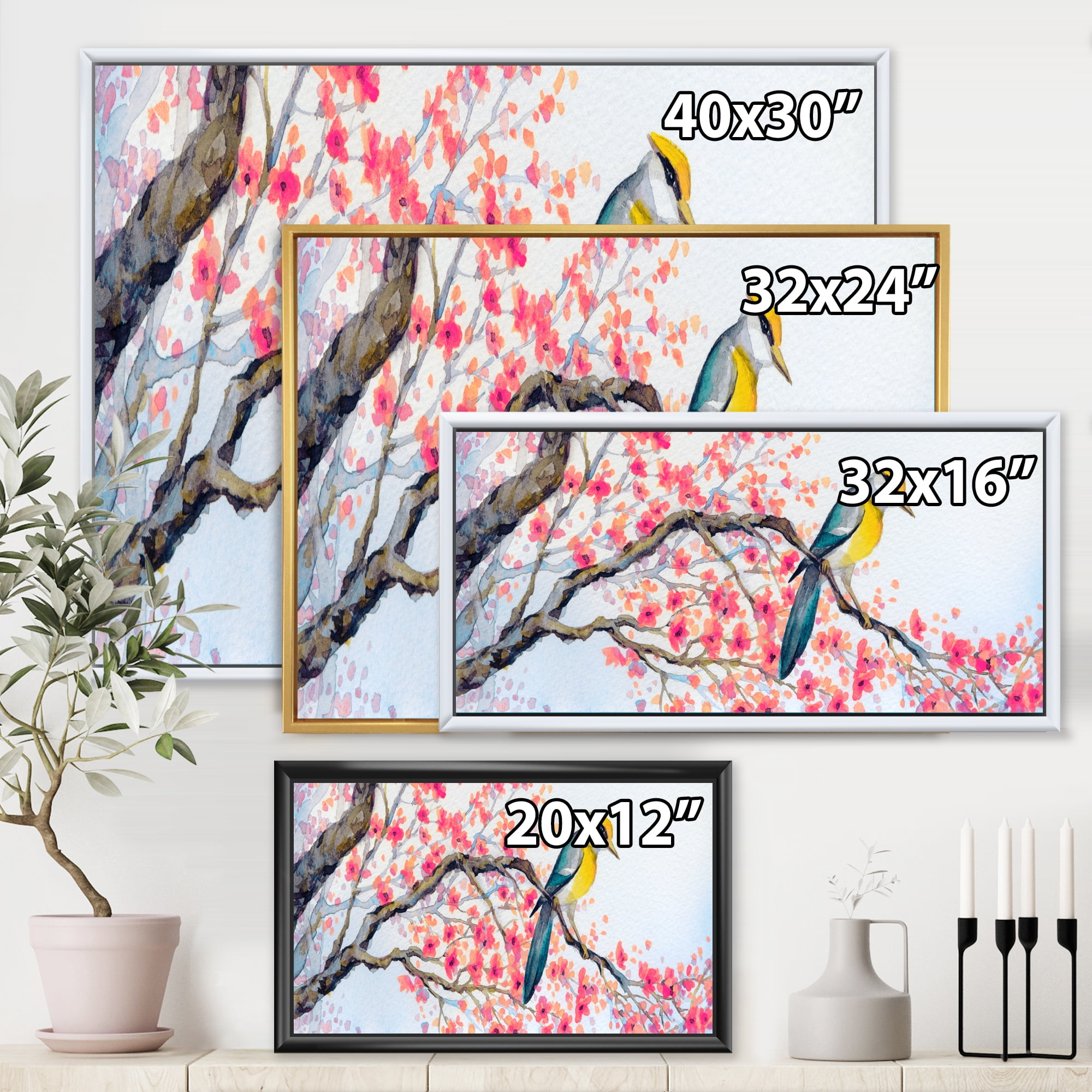 Designart 'Beautiful Pink Bird Sitting On Flowering Branch I' Traditional Framed Canvas Wall Art Print