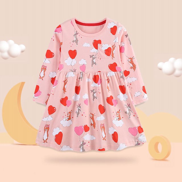 Cowsor Robe Fille Dessin Animé Appliqué Robes de Fête Décontractées Jersey Coton à Manches Longues
