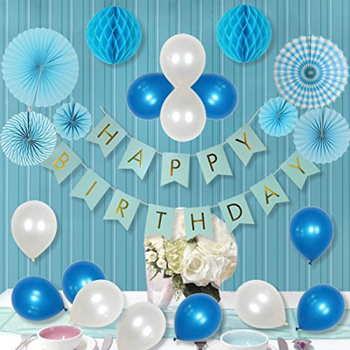 KTDUO Christening / Perfect For Boy/Men Birthday Party Latex Balloons Blue and Gold Party Decoration Kit Ribbon Graduation Baby Shower Paper Pom Poms Bachelor Party Cake Smash Gold Confetti Balloons Paper Lanterns Honeycomb Balls