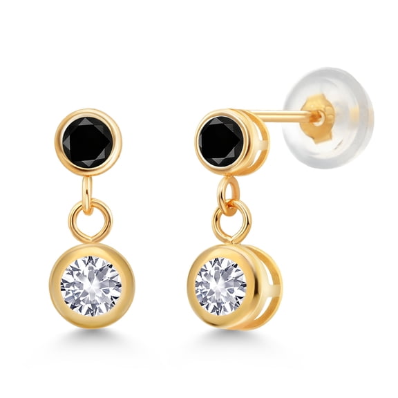 Gem Stone King 14k Yellow Gold White Created Sapphire and Black Diamond Two Stone Dangle Earrings for Women (0.70 Cttw, Gemstone September Birthstone, Round 4MM, Round 3MM)
