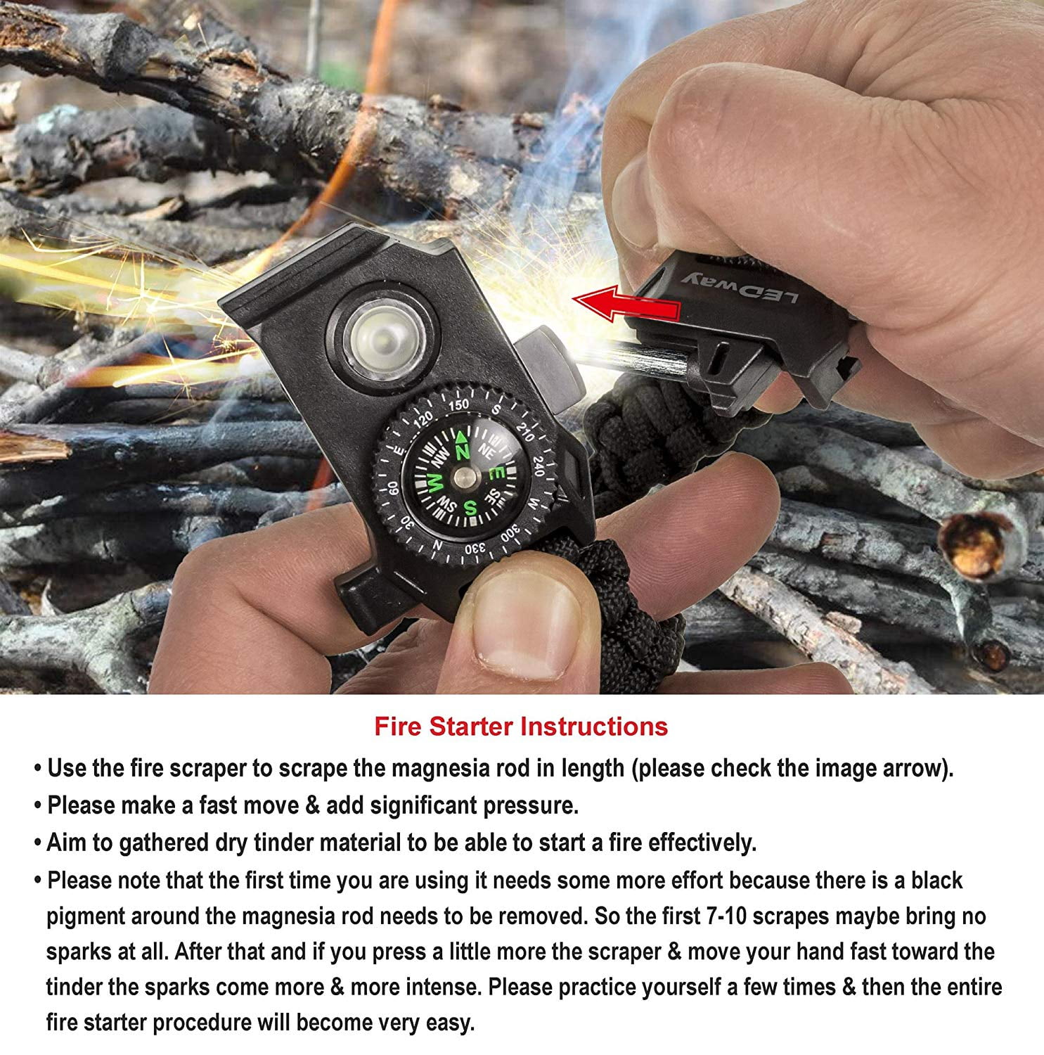 Fire Starter Multi-Tool Wilderness Adventure Rescue Whistle MansWill Adjustable Survival Bracelet 7 Core Paracord 20 in 1 Emergency Sports Wristband Gear Kit Waterproof LED SOS Light Compass 