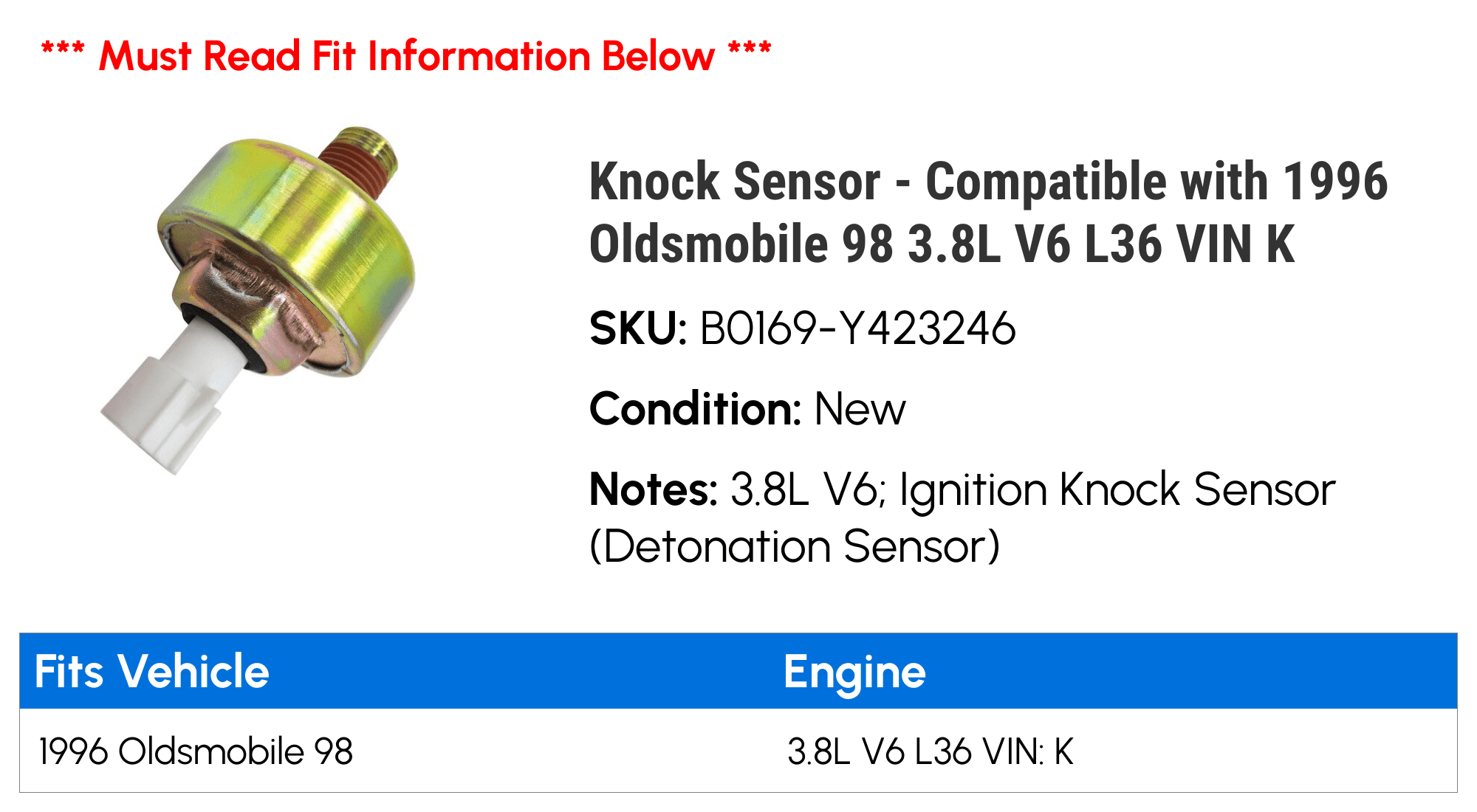 Knock Sensor - Compatible with 1996 Oldsmobile 98 3.8L V6 L36 VIN K