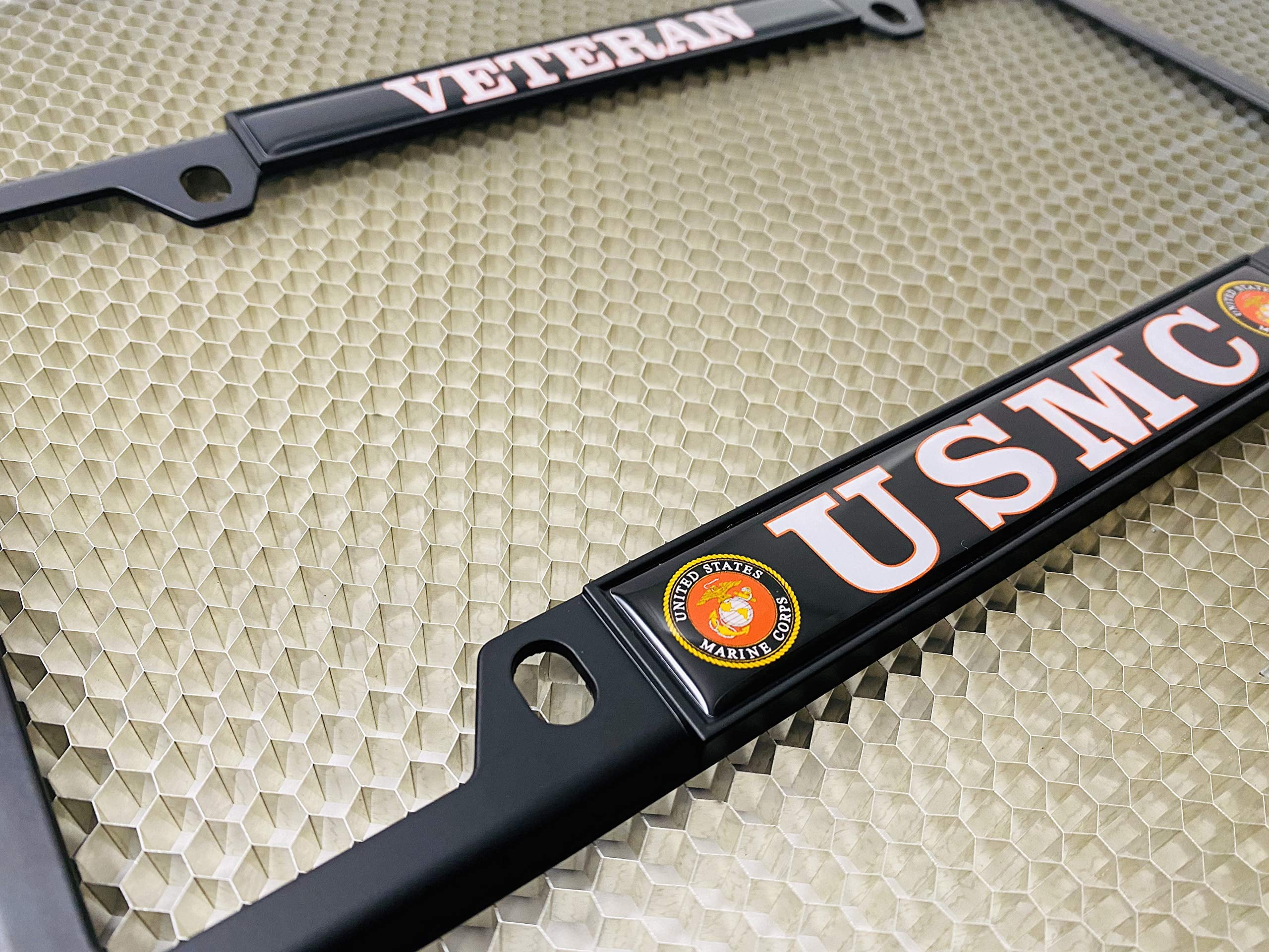 [Officially Licensed US Marine Corps Product] - USMC Veteran - Domed Custom-Made Personalized Narrow (Thin) Top 4 Hole Metal Car License Plate Frame with Free caps - Black Frame (Qty: 1)
