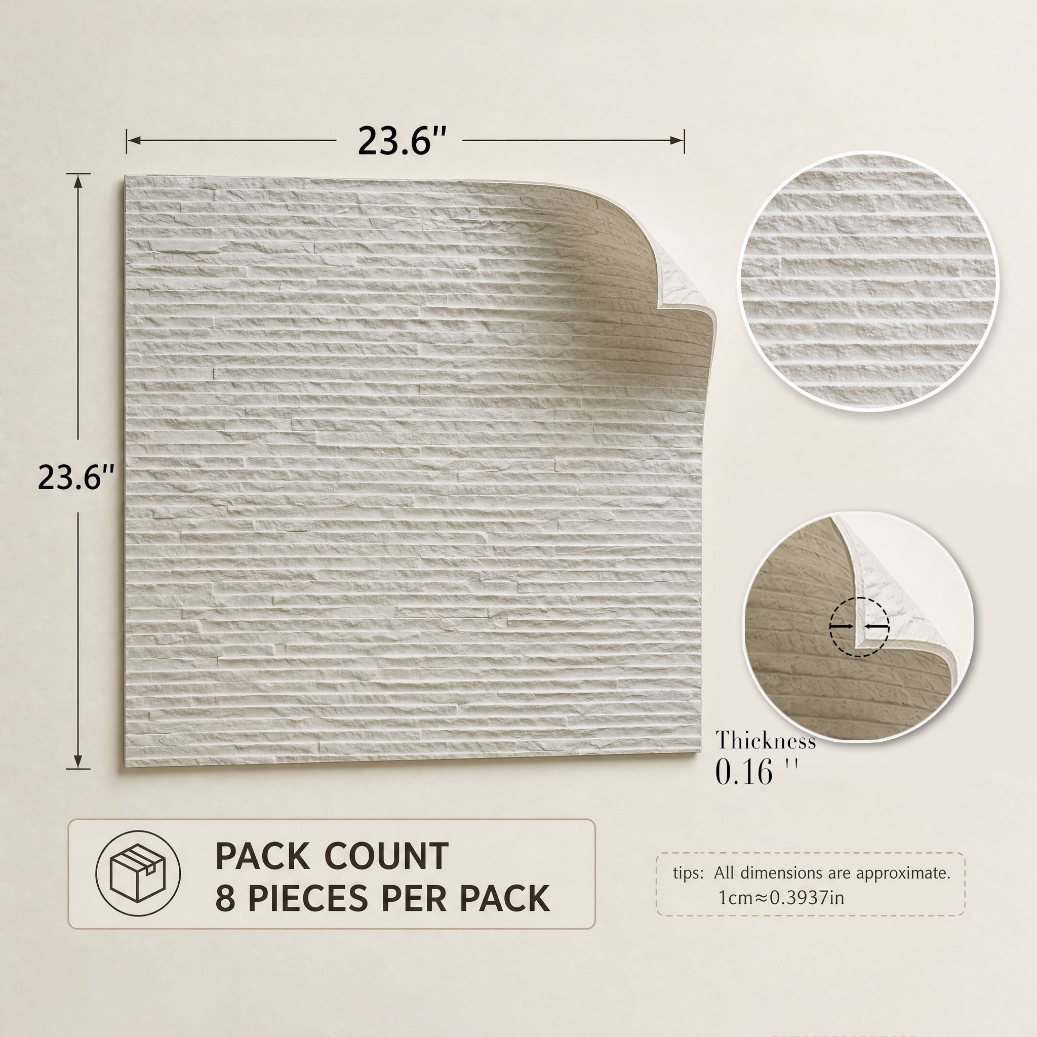 Real3D 8Pcs 24"x24" Faux Stone Wall Panels 3D Textured, Flexible Real Sand Finish Decorative Wall Tiles,White