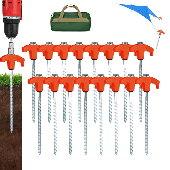DAEX 16 Pack Heavy Duty Screw-In Tent Stakes, 8" Steel Ground Anchors for Camping, Tents, Canopies