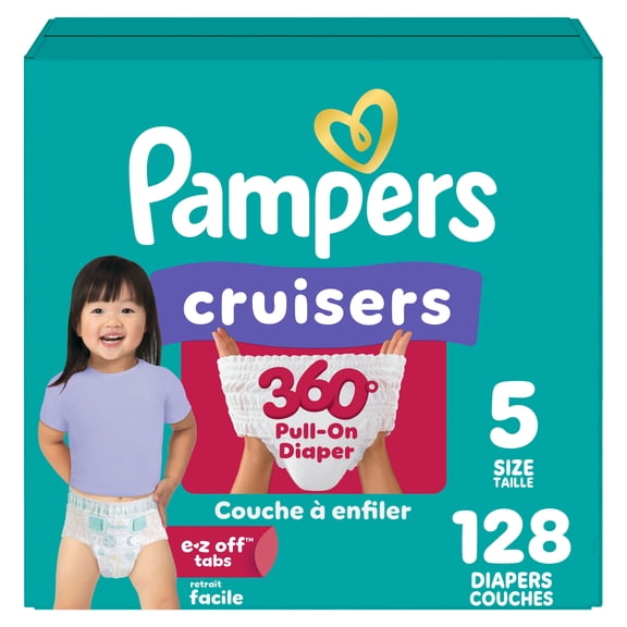 Pampers Diapers - Cruisers 360° - Size 5, up to 100% Leakproof Fit, Designed for Active Babies, Pull On Diaper, EZ Off Tabs Designed for Easy Changes