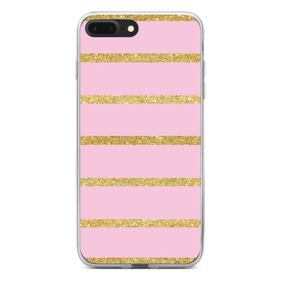 DistinctInk Clear Shockproof Hybrid Case for iPhone 7 PLUS / 8 PLUS (5.5" Screen) - TPU Bumper, Acrylic Back, Tempered Glass Screen Protector - Pink & Gold Print - Horizontal Stripes Pattern