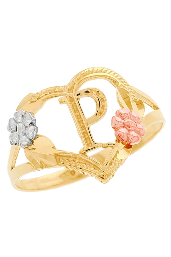 14k Multi-Tone Gold Diamond Cut Floral Letter Initial P Heart Ring