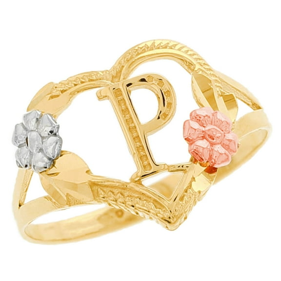 JackAni 14k Multi-Tone Gold Diamond Cut Floral Letter Initial P Heart Ring